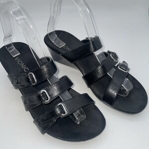Vionic Aubrey Wedge Sandals Size 7 Black Pebble‎ Patent Slip Ons
